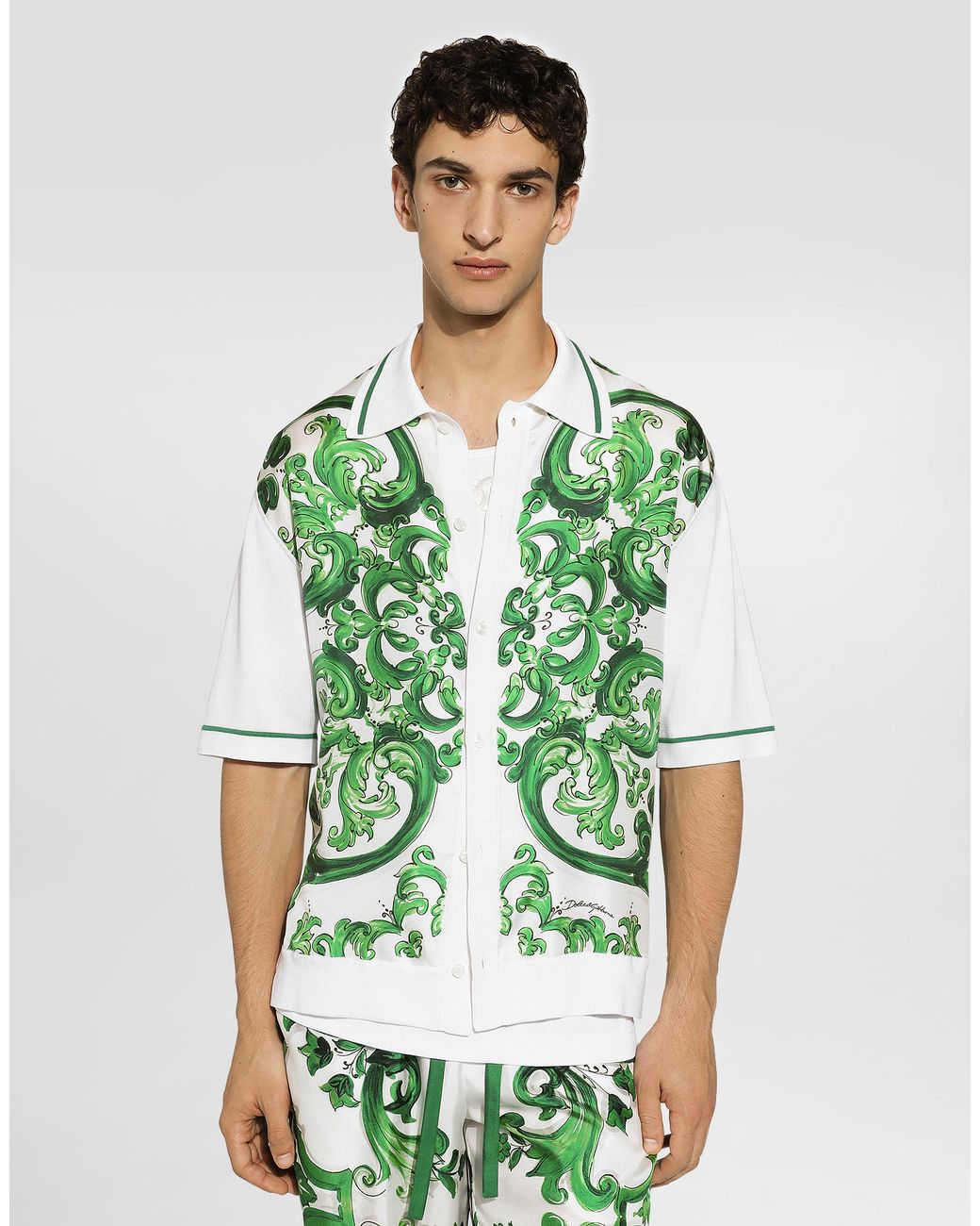 Dolce & Gabbana Green Oversize Silk And Yarn Shirt With Majolica for men
