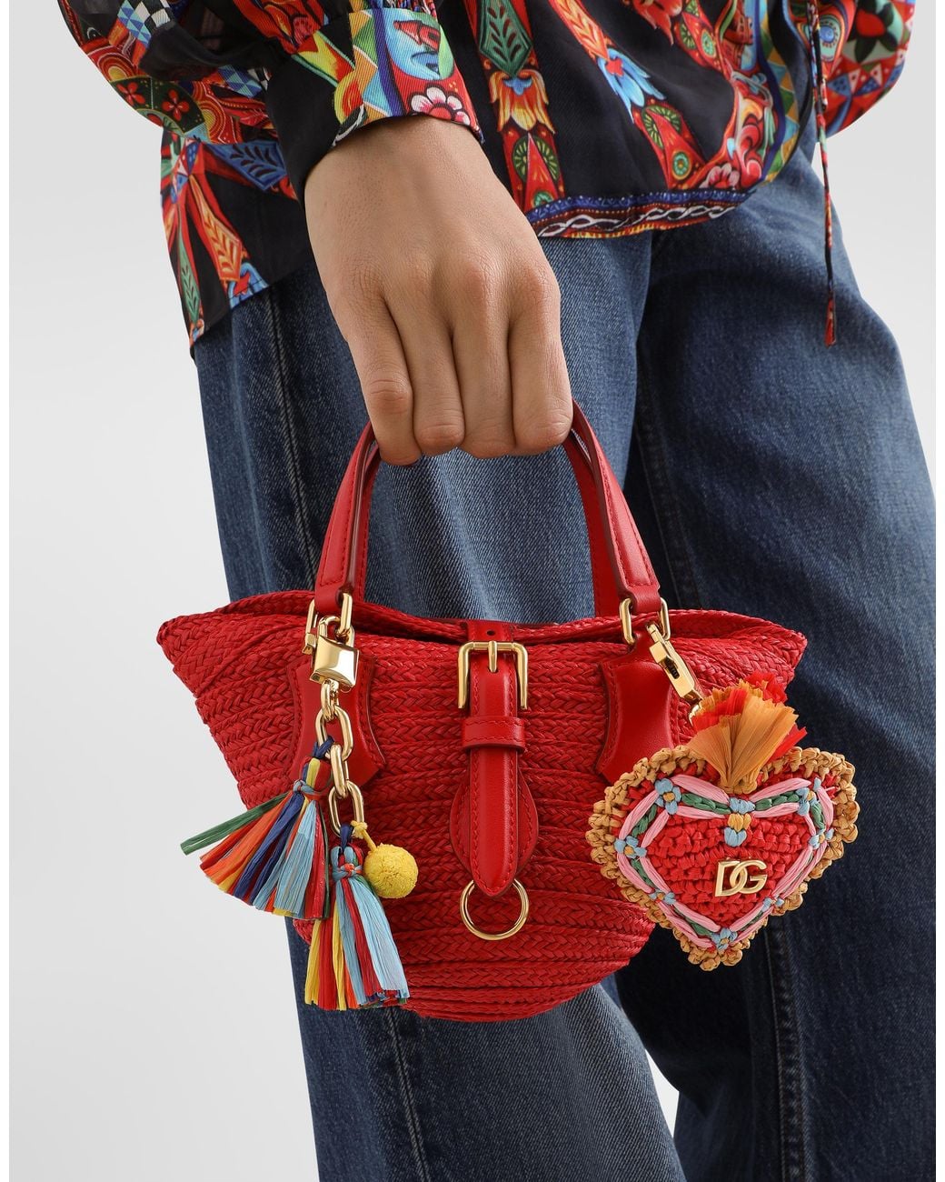 Dolce & Gabbana Red Keyring With Raffia Charm