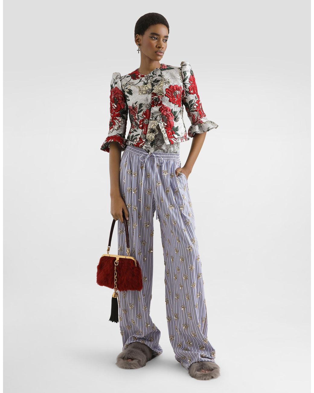 Dolce & Gabbana White Single-Breasted Floral Jacket With Ruffles