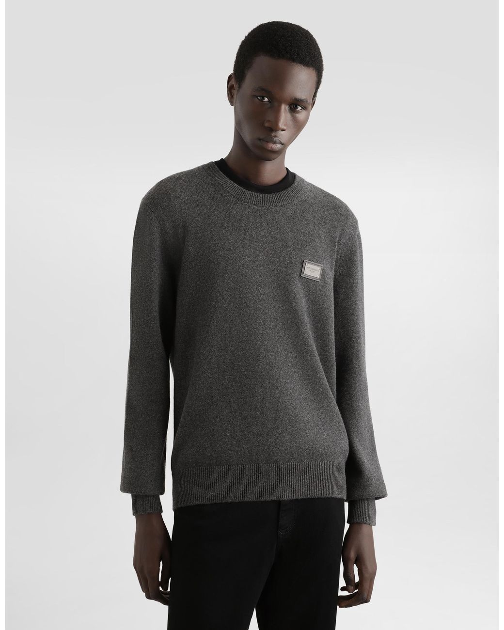 Dolce & Gabbana Gray Wool Round-Neck Sweater With Branded Tag for men