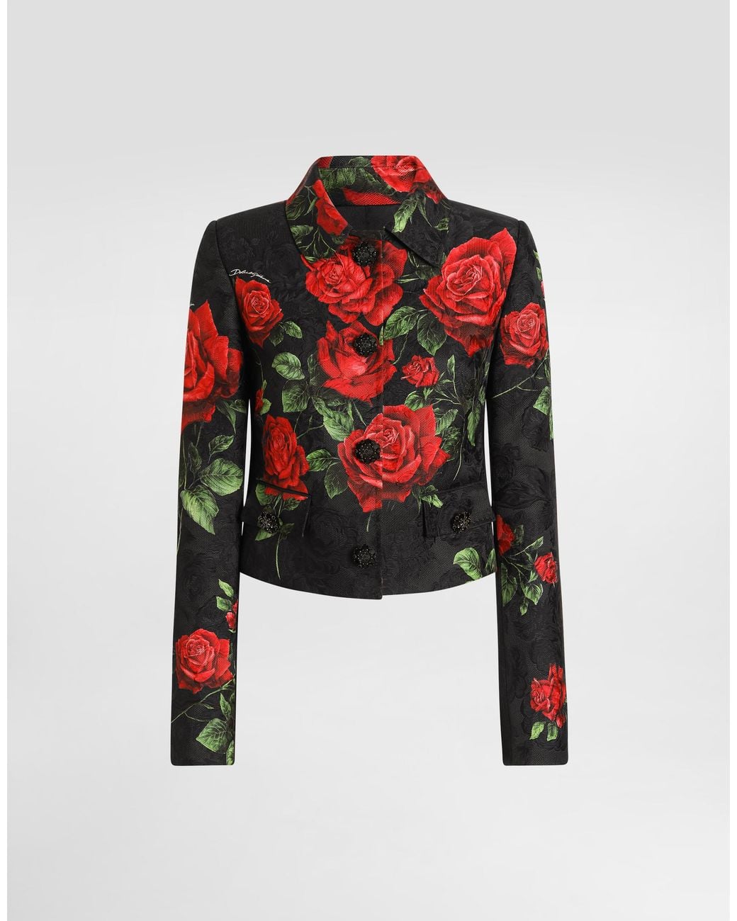 Dolce & Gabbana Red Rose-Print Brocade Jacket With Jewel Buttons