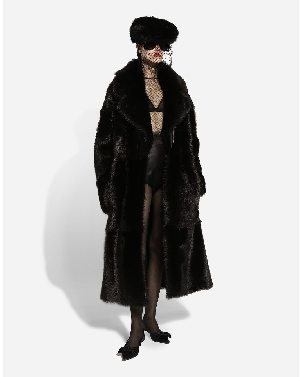 Dolce & Gabbana Black Shearling Flat Cap With Veil