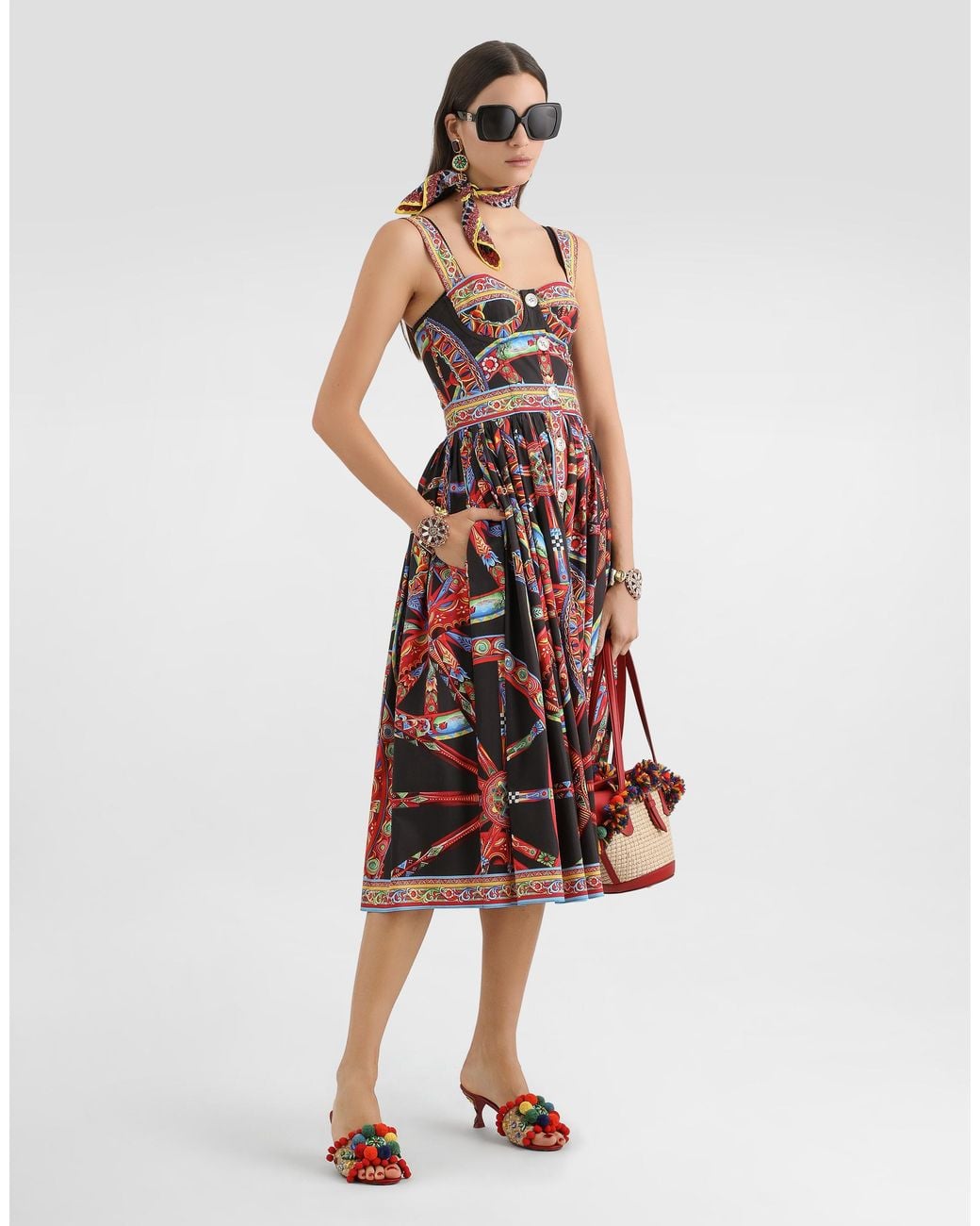 Dolce & Gabbana White Carretto-Print Poplin Long Dress