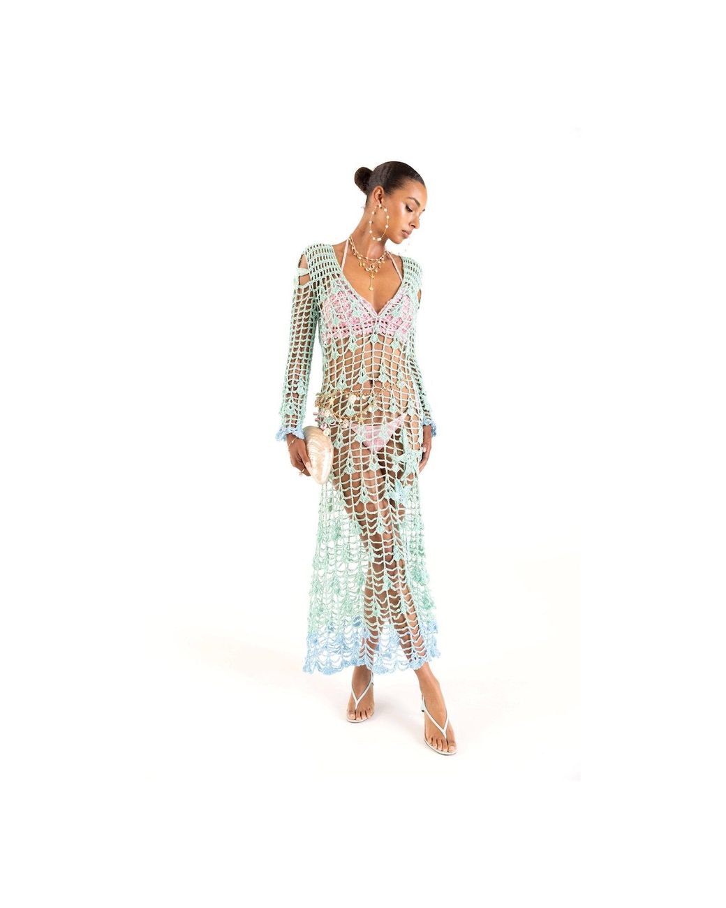 Andreeva Blue Aqua Marine Handmade Maxi Cover-Up Dress