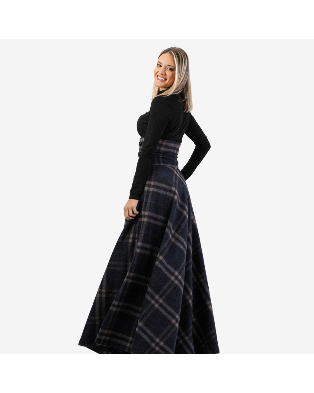 Nikka Place Blue "Rose" Plaid Wool Maxi Skirt