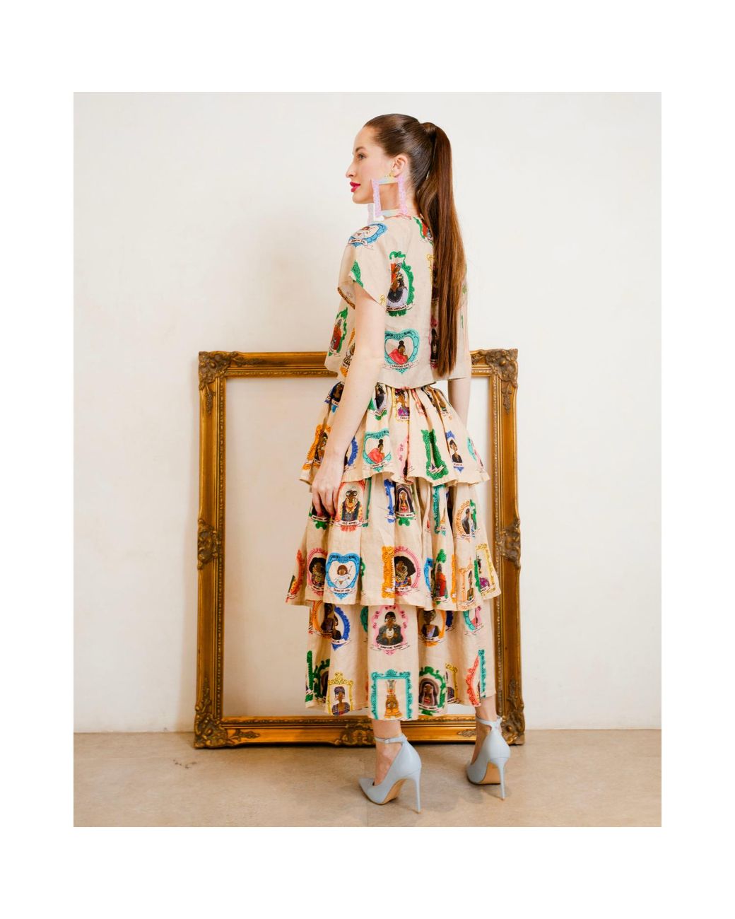 A.nty Story Green Layered Midi Skirt With Bow Tie Waist