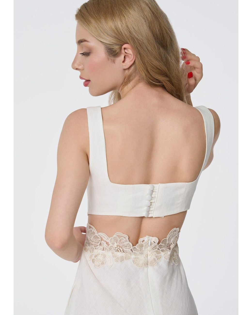 GIORGIA LUCASI Natural Ivory Linen Midi Dress With Lace Detail