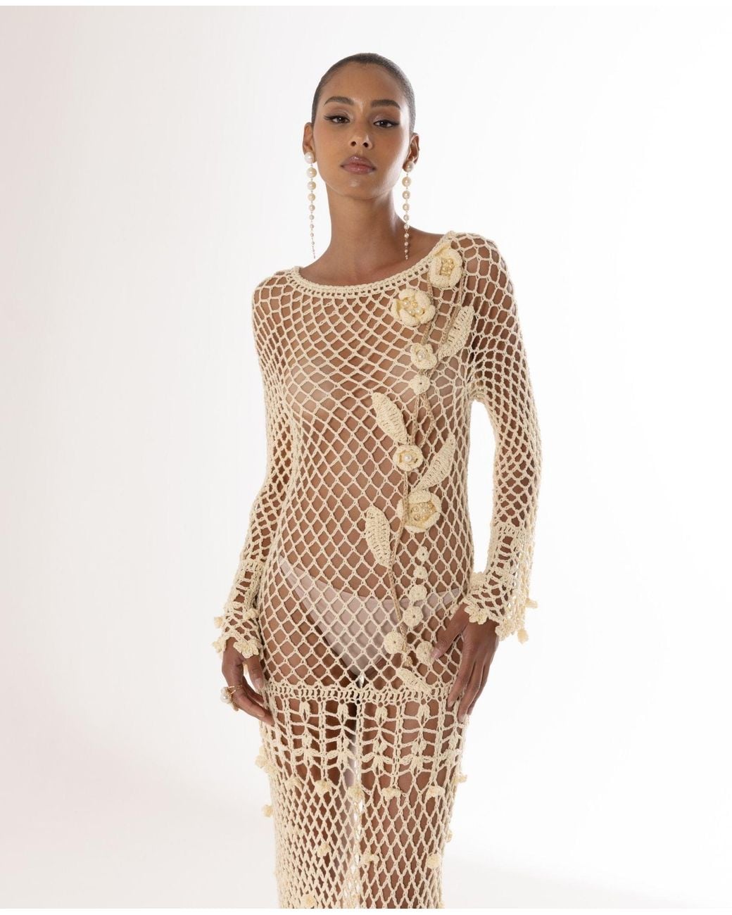 Andreeva White Long Sleeve Butter Vanilla Handmade Crochet Dress