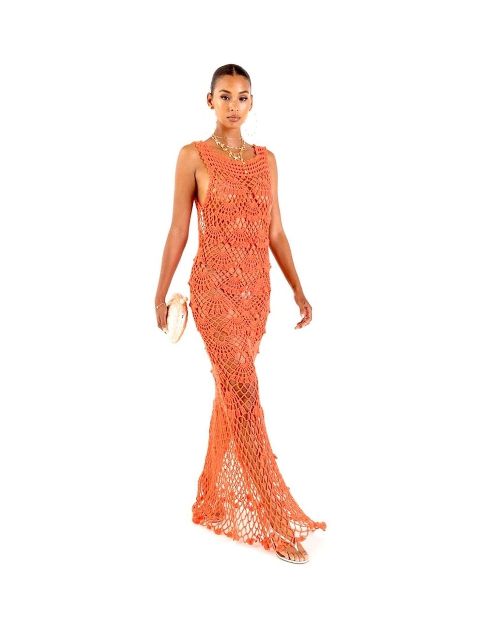 Andreeva Red Coral Shell Handmade Maxi Crochet Dress