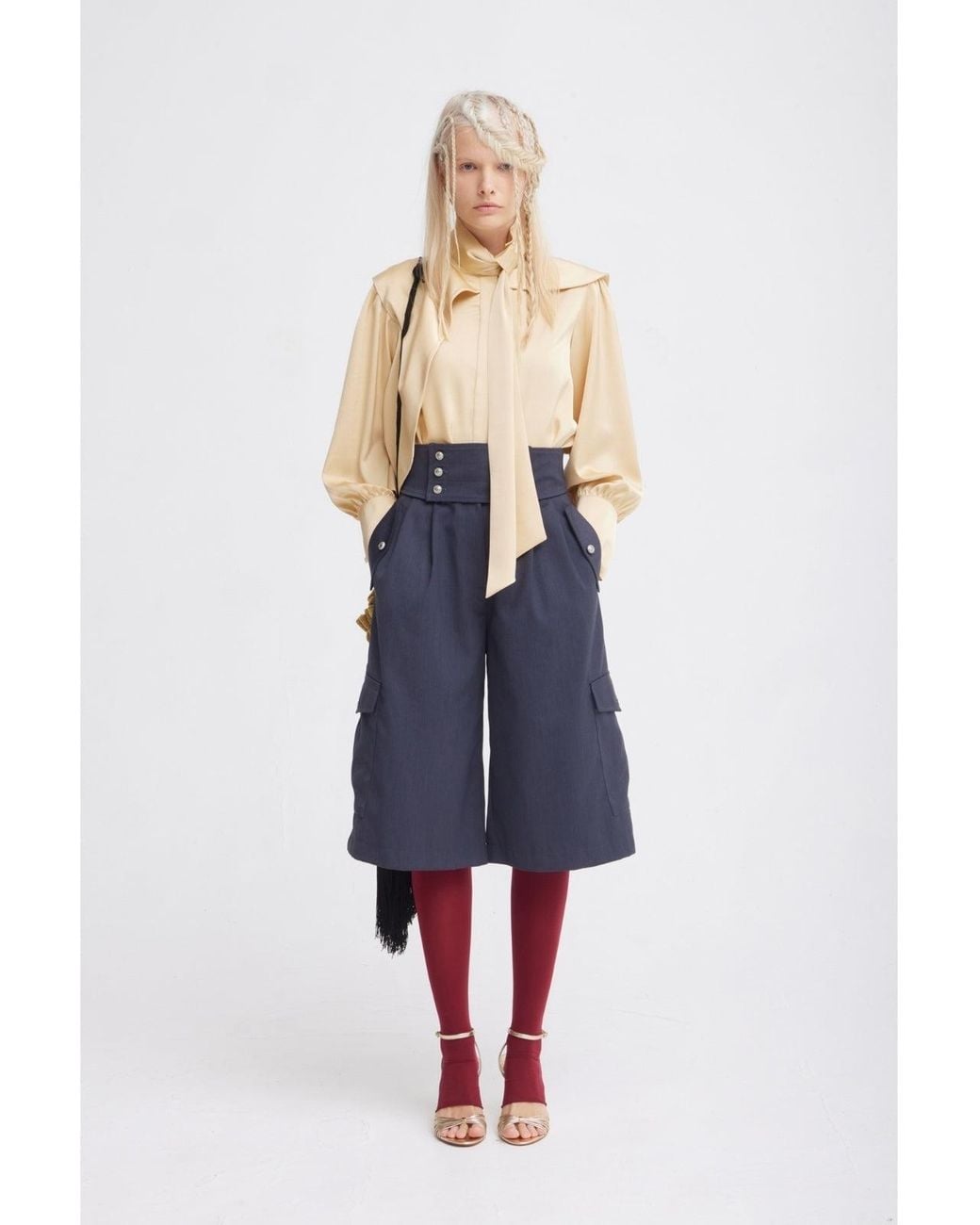 Julia Allert Natural Draped High-Neck Silk Organza Blouse