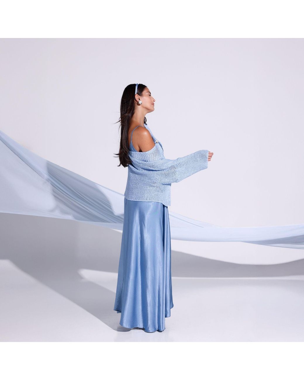 SILKERA Blue Powder Silky Overlay Maxi Dress With Knit Top