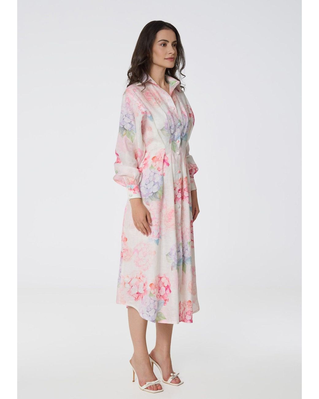 GIORGIA LUCASI Pink Floral Linen Shirt Dress With Balloon Sleeves