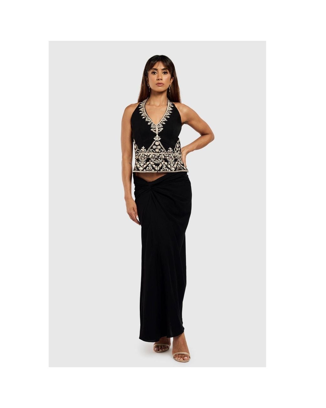International Appeal Black Sari-Draped Maxi Skirt