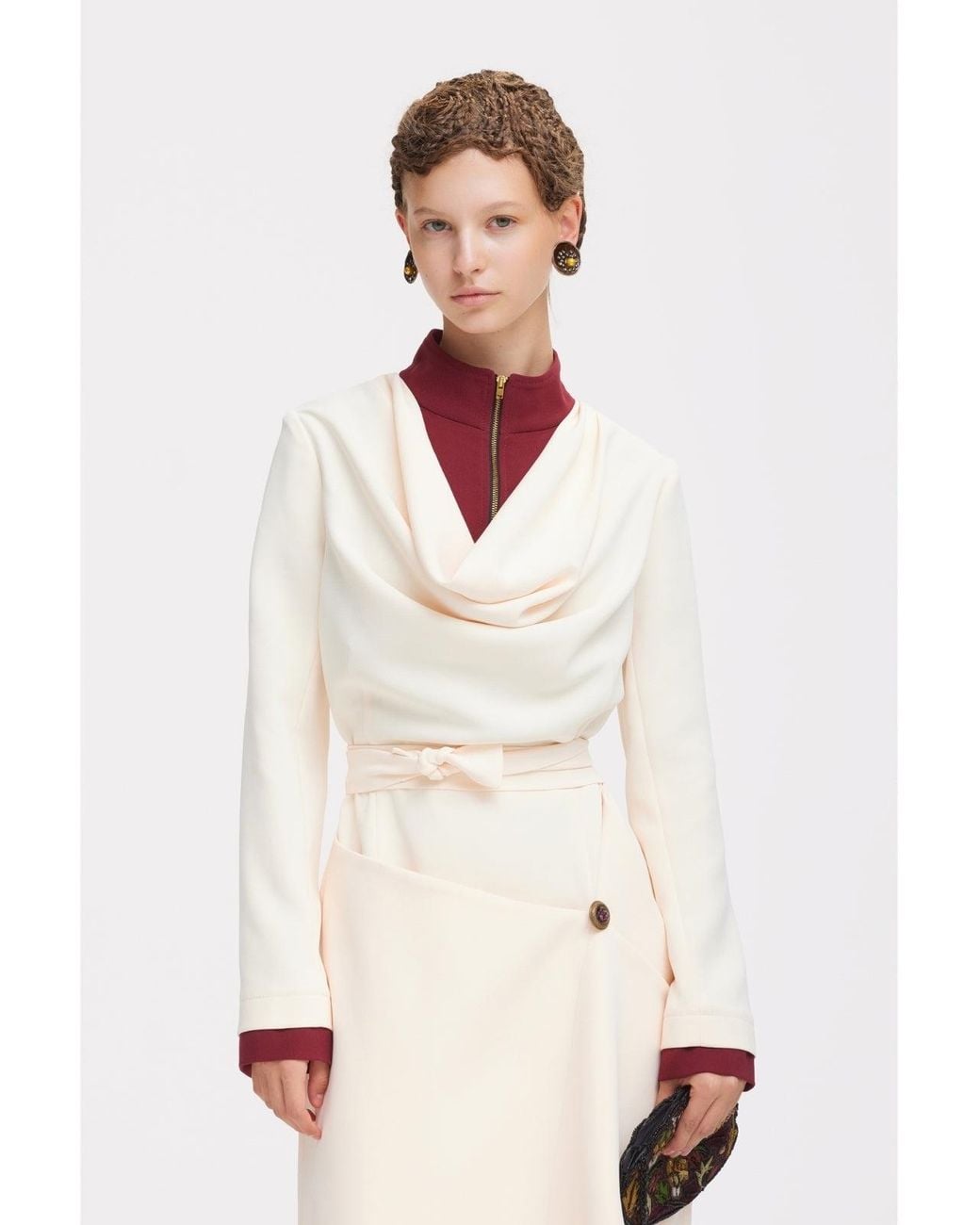 Julia Allert White Two-Tone Asymmetric Draped High-Neck Midi Dress
