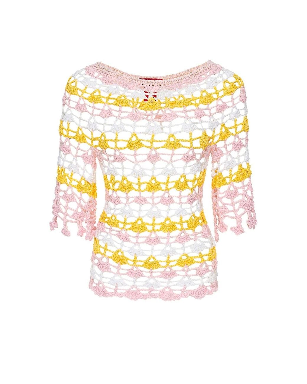 Andreeva Yellow Pastel Crochet Fitted Top With Bell Sleeves