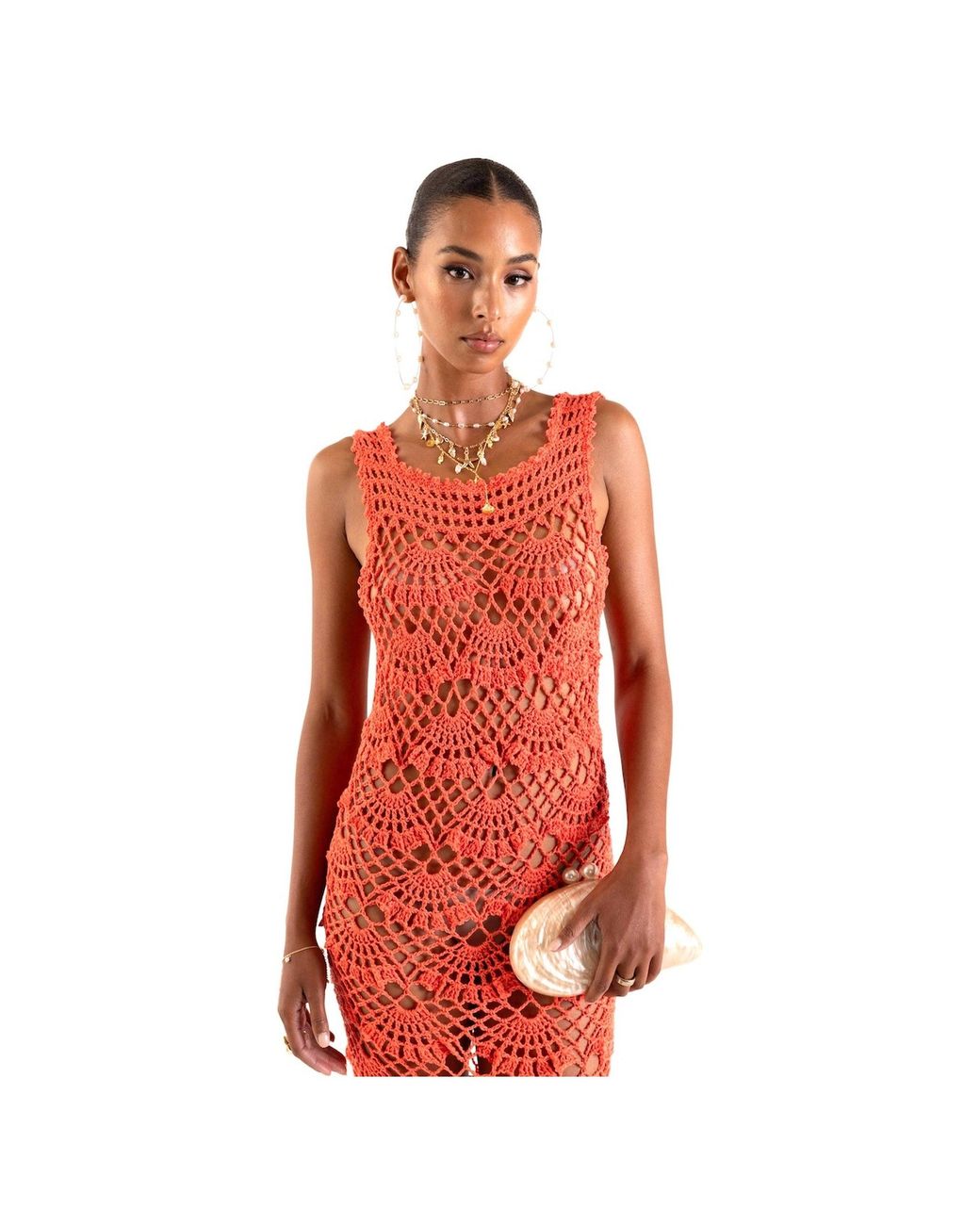 Andreeva Red Coral Shell Handmade Maxi Crochet Dress