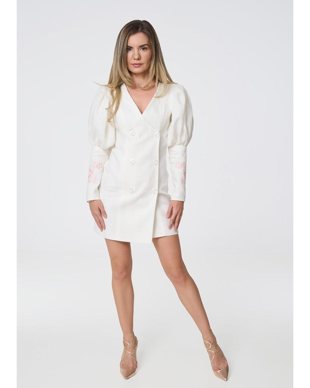GIORGIA LUCASI White Ivory Linen Blazer Dress With Rose Embroidery