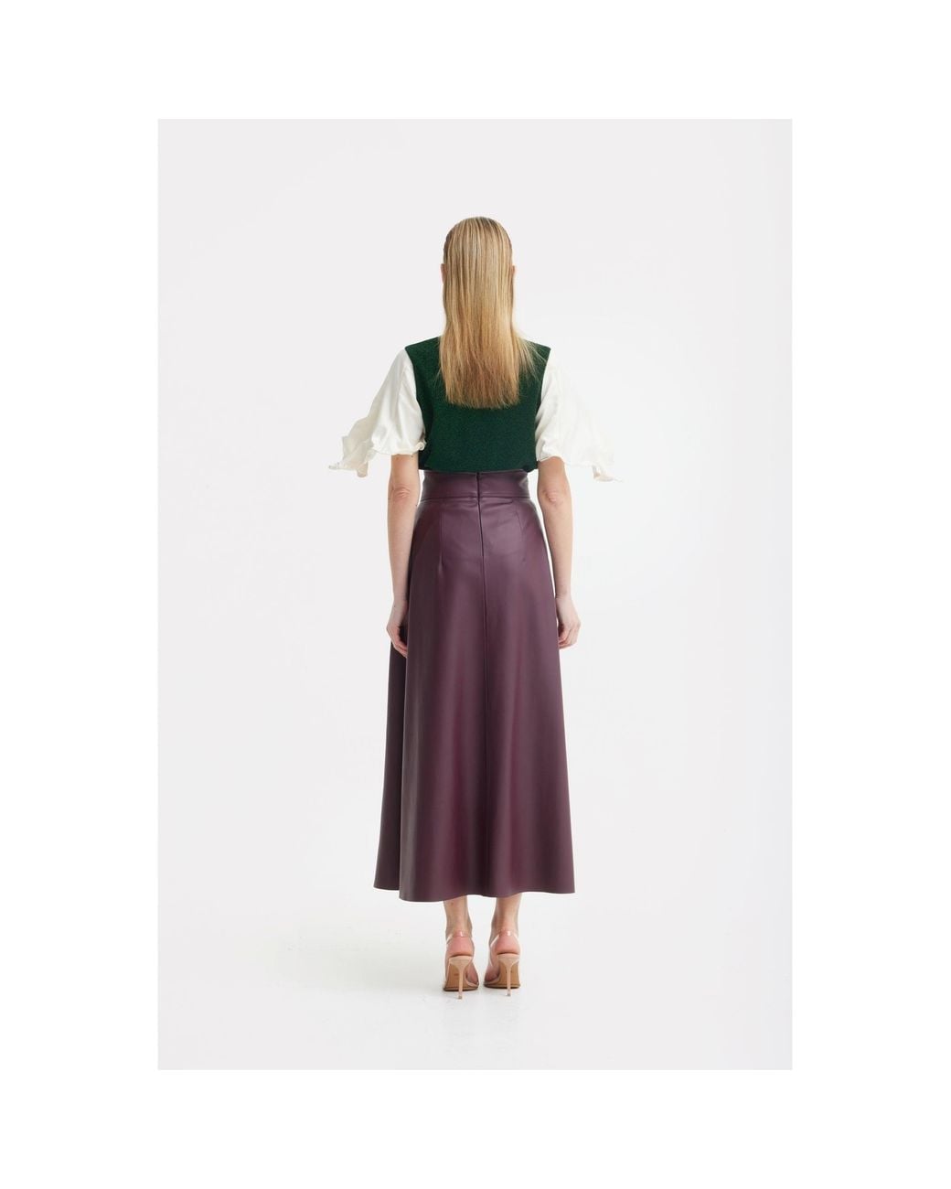 Julia Allert Red Faux Leather High-Waisted A-Line Skirt With Belt Burgundy