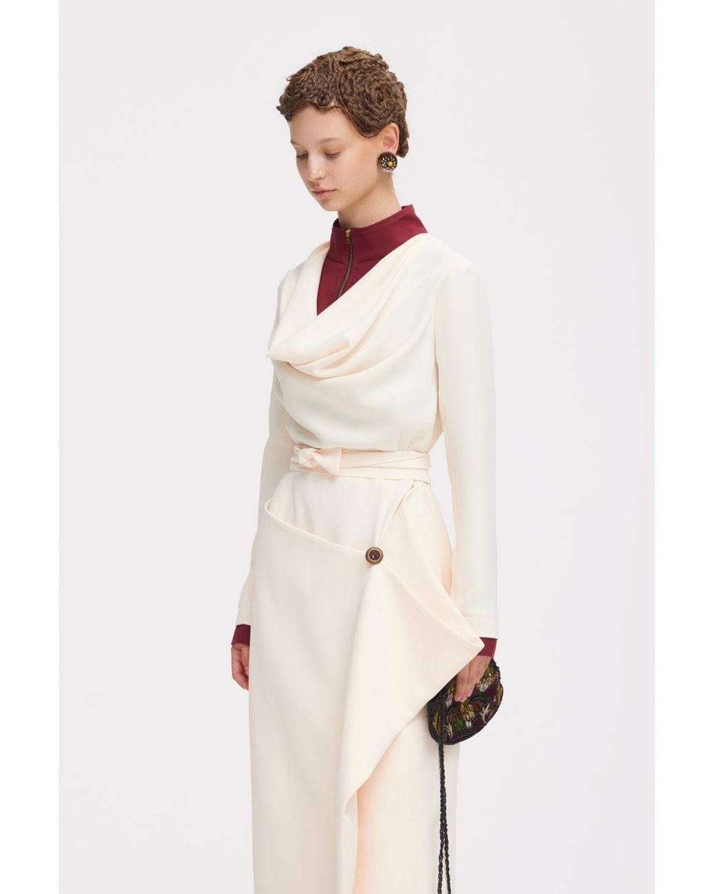 Julia Allert White Two-Tone Asymmetric Draped High-Neck Midi Dress