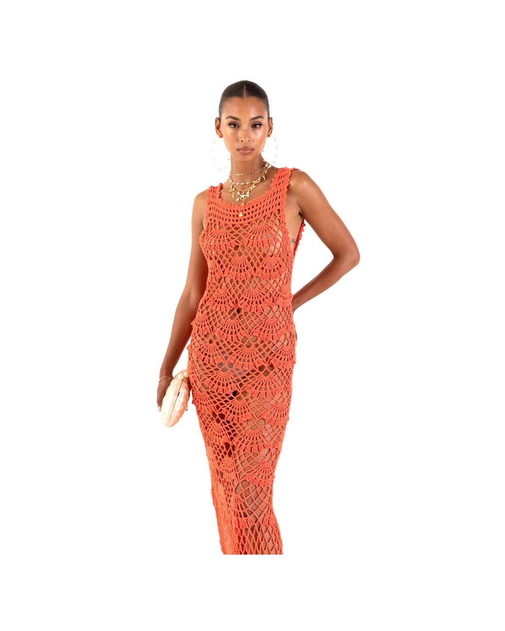 Andreeva Red Coral Shell Handmade Maxi Crochet Dress