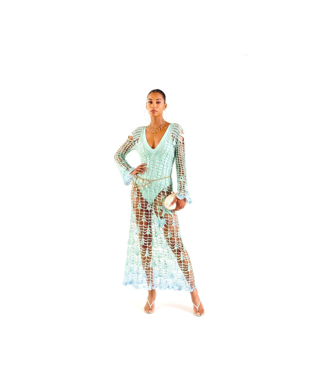 Andreeva Blue Aqua Marine Handmade Maxi Cover-Up Dress