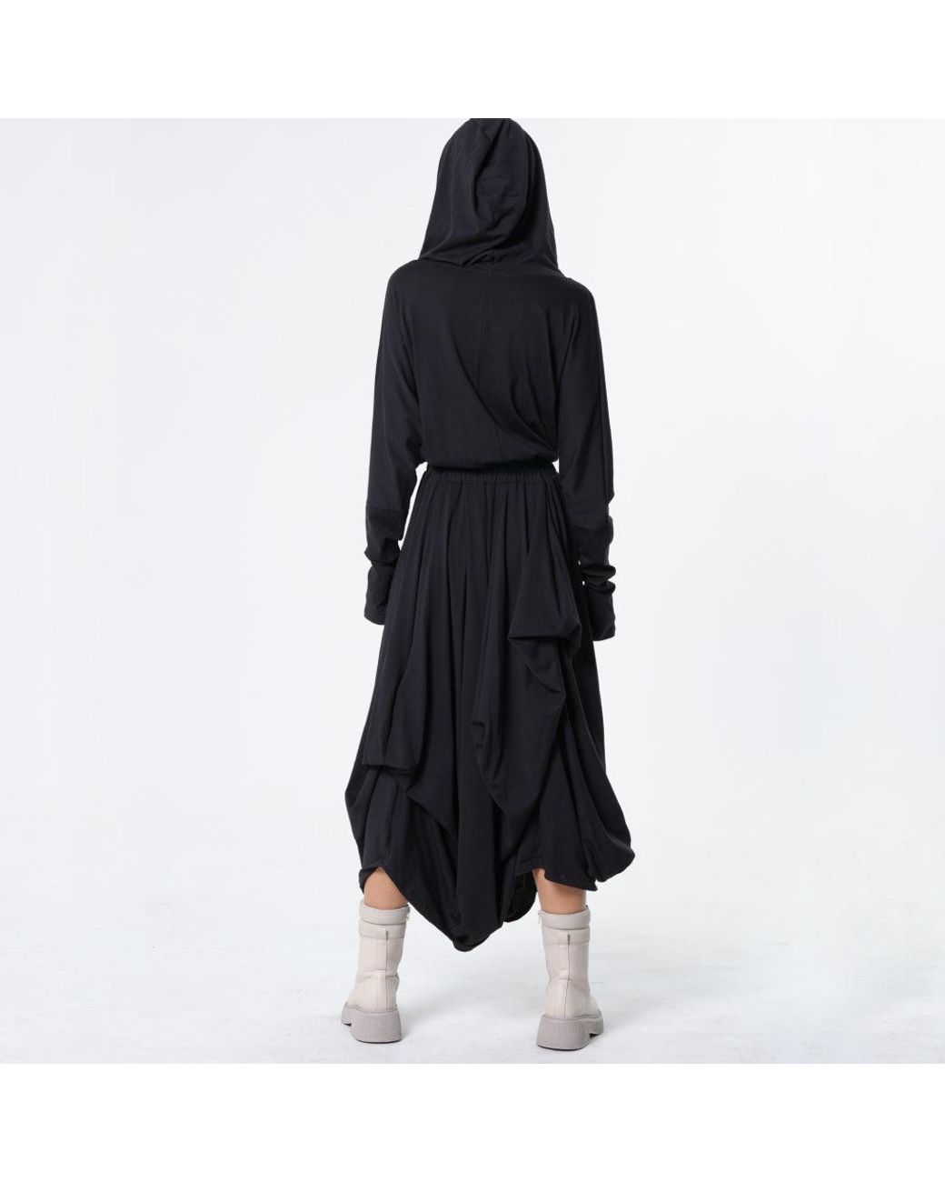 Metamorph Black Long Sleeve Hooded Midi Dress