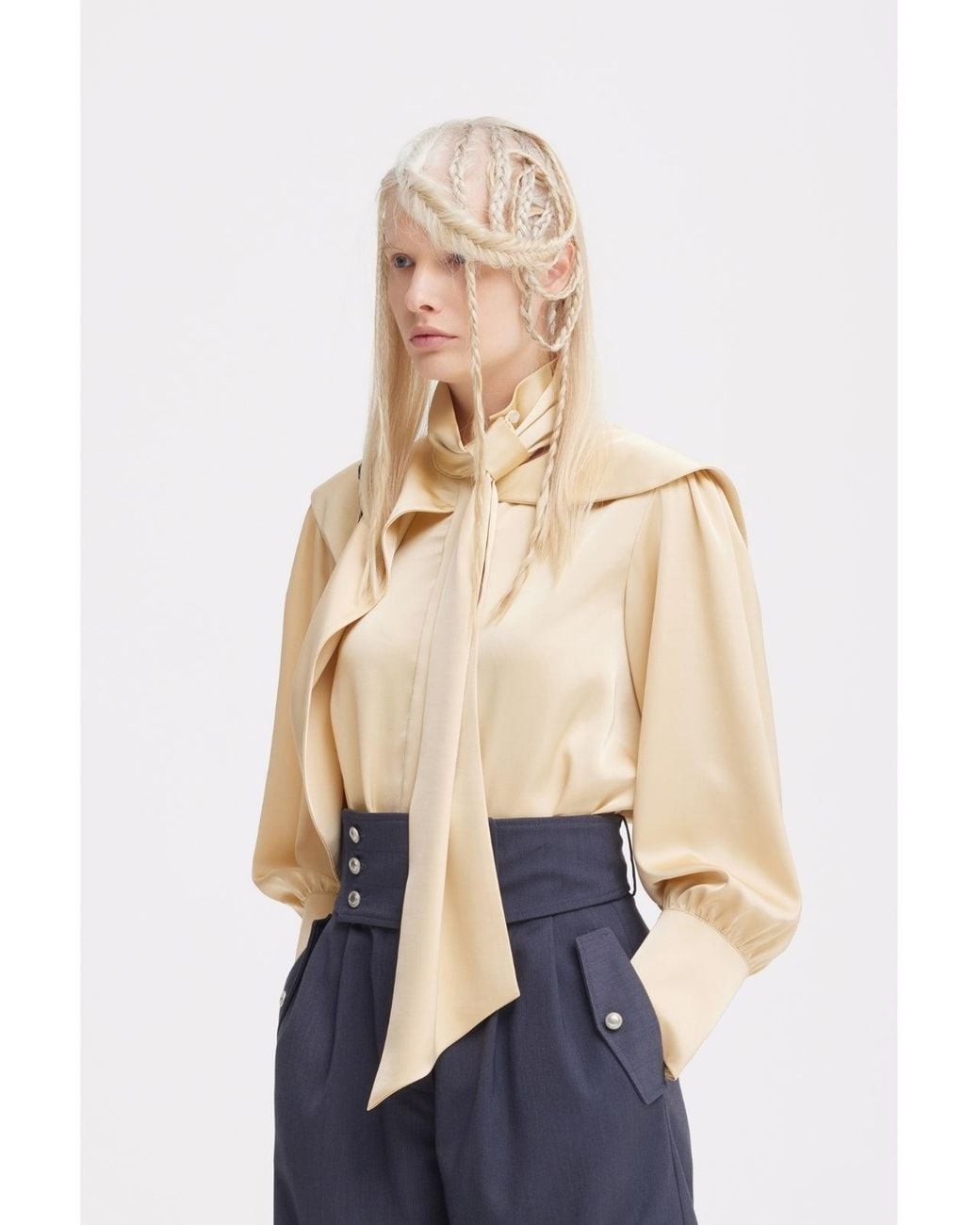 Julia Allert Natural Draped High-Neck Silk Organza Blouse