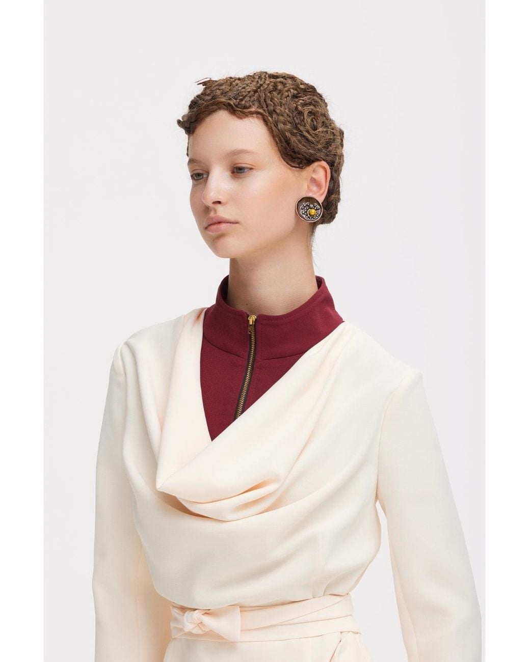 Julia Allert White Two-Tone Asymmetric Draped High-Neck Midi Dress