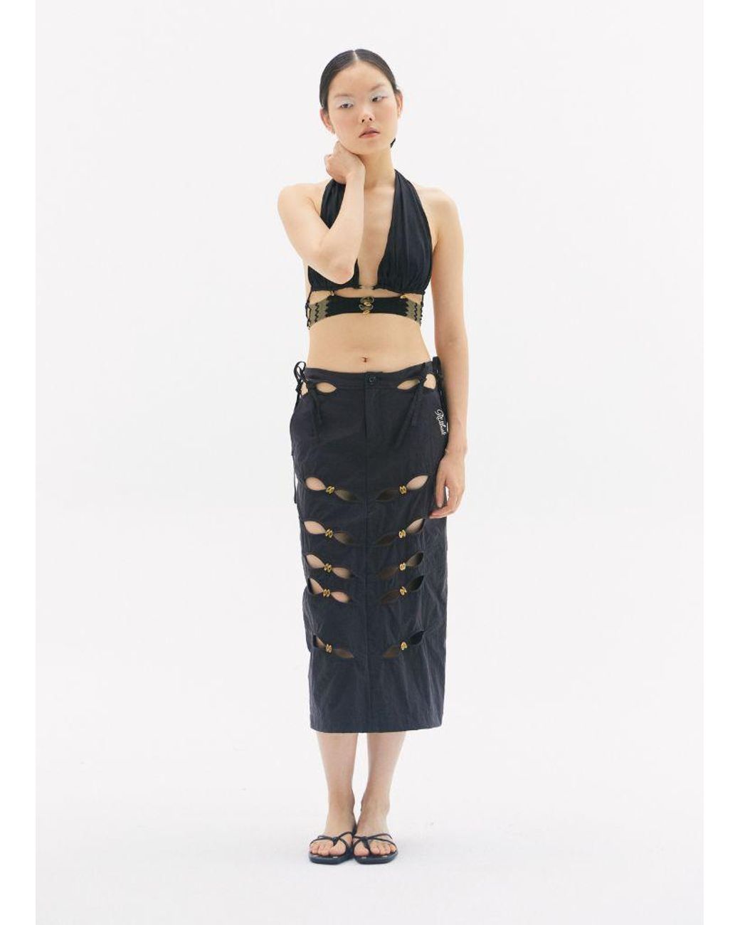 RUIBUILT Black Embroidery Cutout Cargo Maxi Skirt