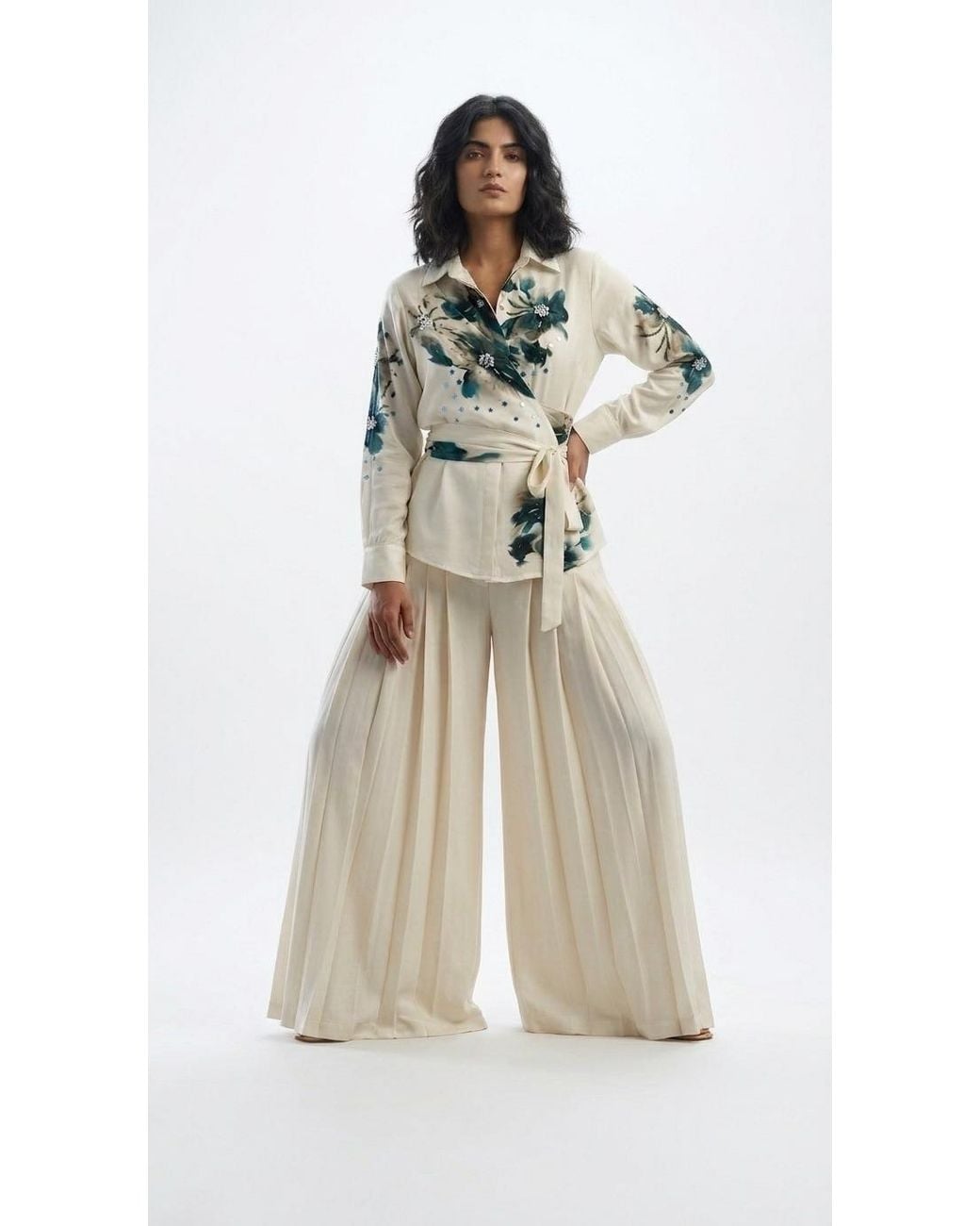 IEVA Natural Ivory Wide Pleated Trousers
