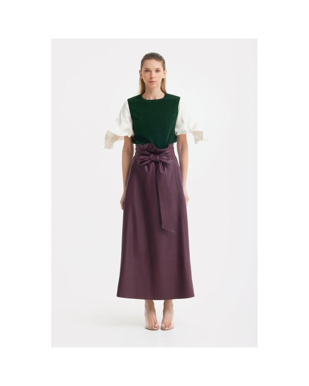 Julia Allert Red Faux Leather High-Waisted A-Line Skirt With Belt Burgundy
