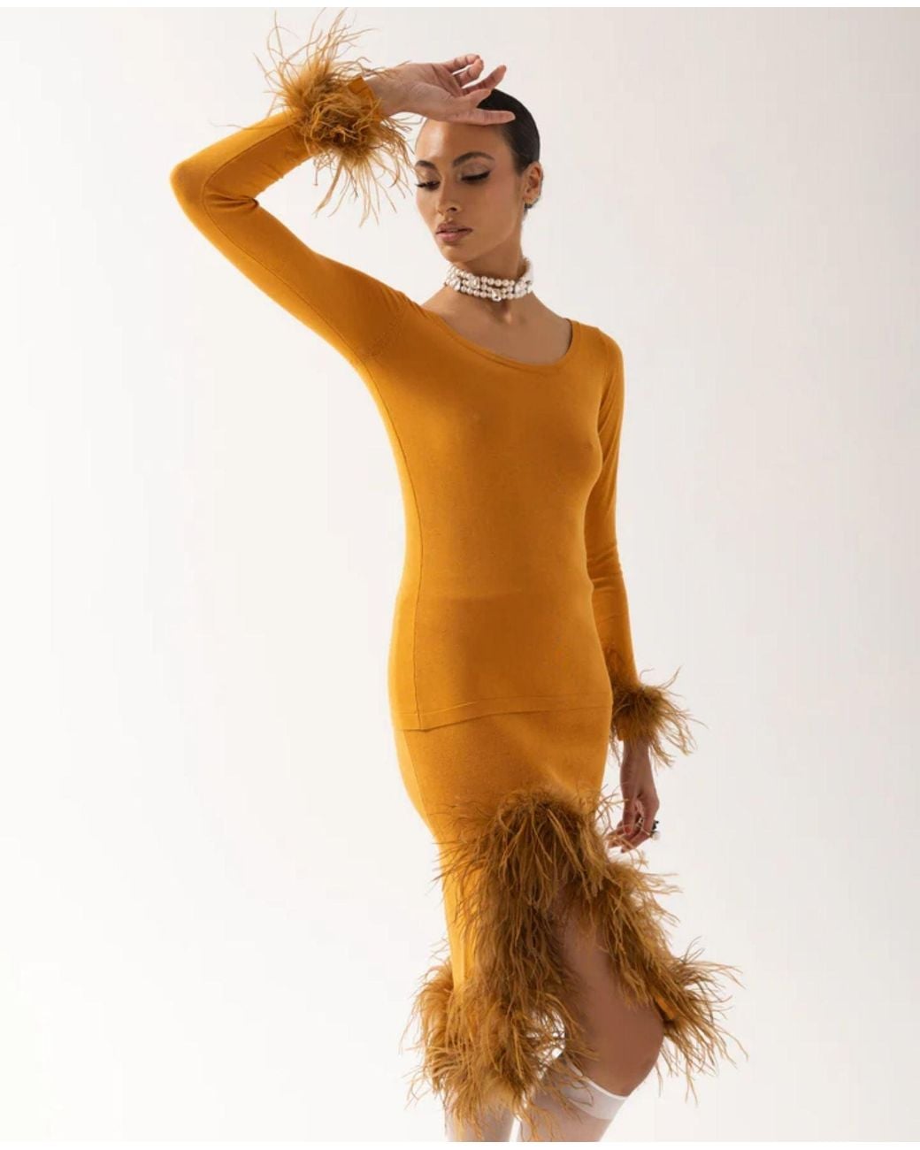 Andreeva Orange Camel Knit Top With Detachable Feather Cuffs