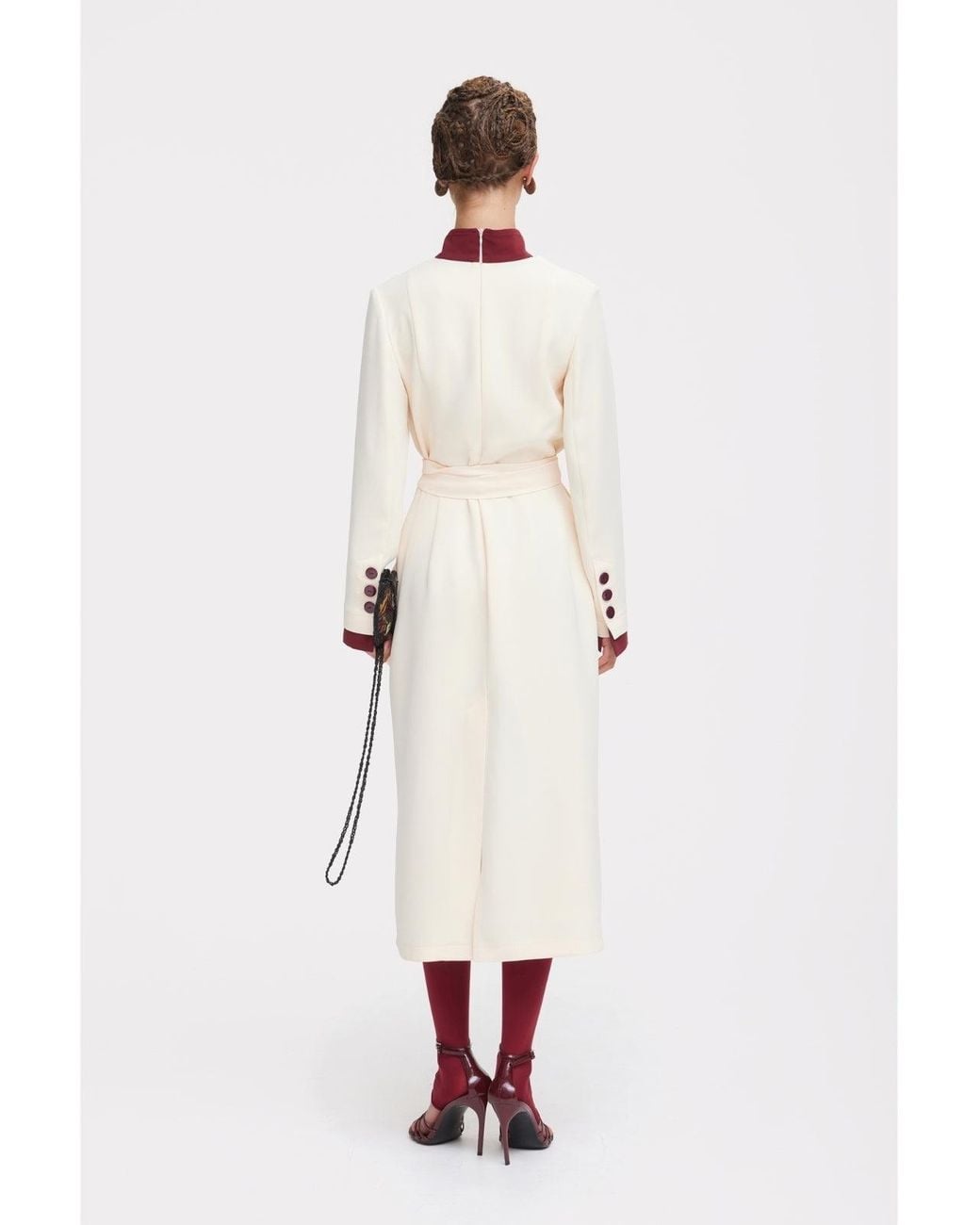 Julia Allert White Two-Tone Asymmetric Draped High-Neck Midi Dress