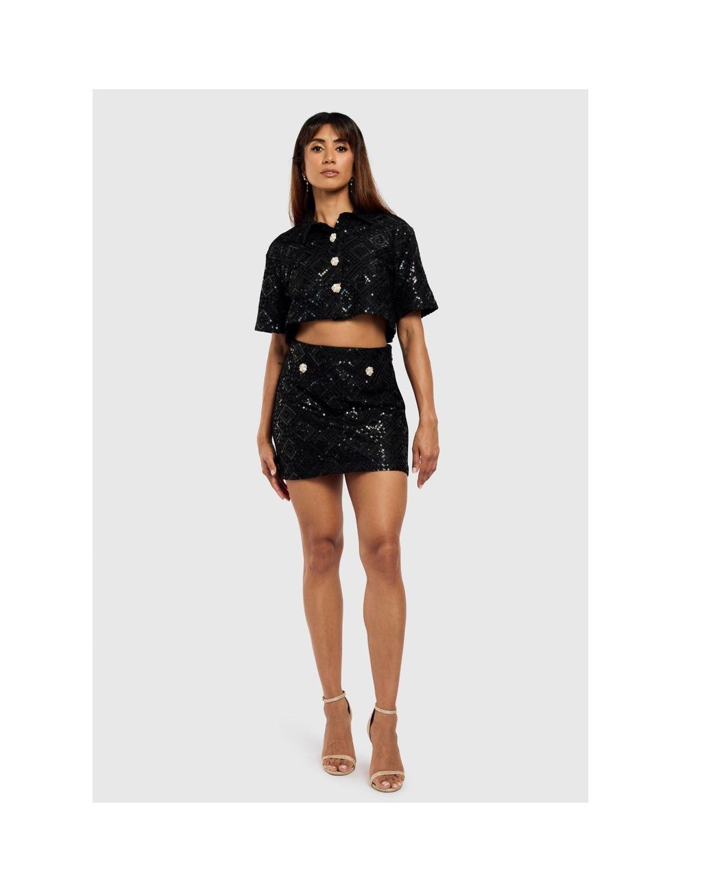 International Appeal Black Sequin Co-Ord Crop Shirt