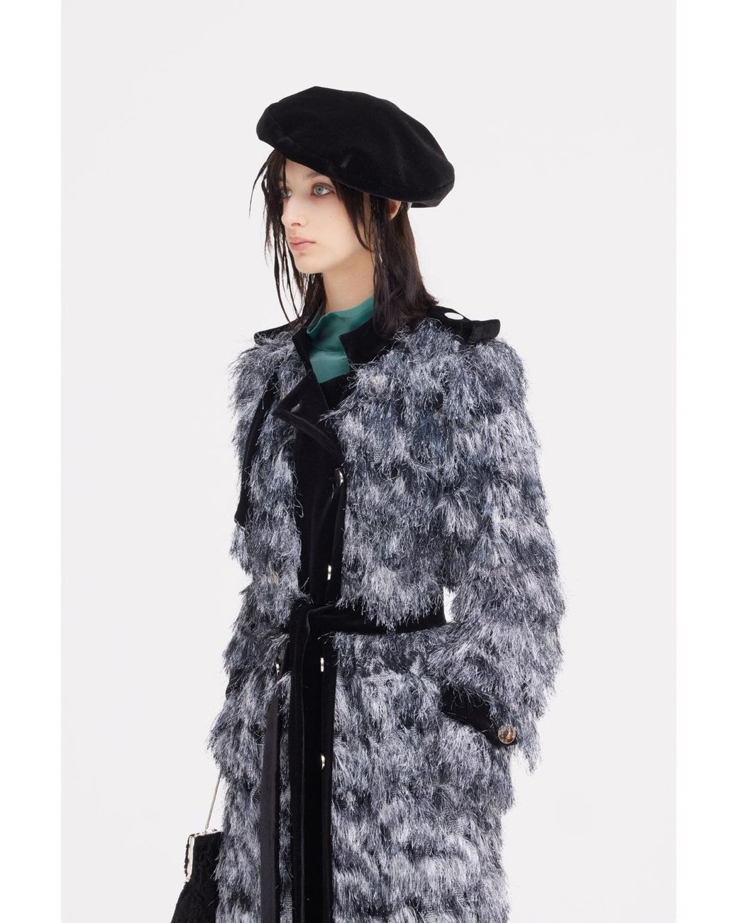 Julia Allert Black Textured Velvet-Detail Long Coat
