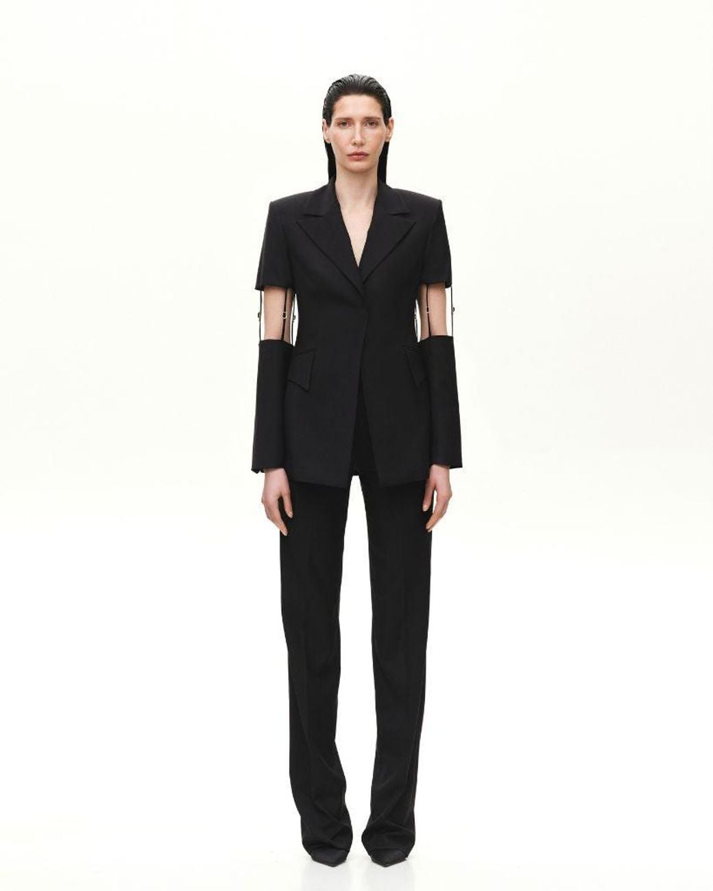 KRIS MARAN Black Straight Wool Pants With A Buckle