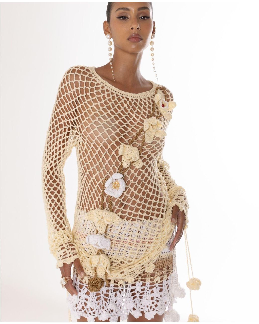 Andreeva Natural Long Sleeve Vanilla Handmade Crochet Top-Dress