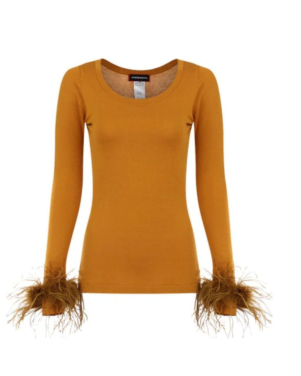 Andreeva Orange Camel Knit Top With Detachable Feather Cuffs