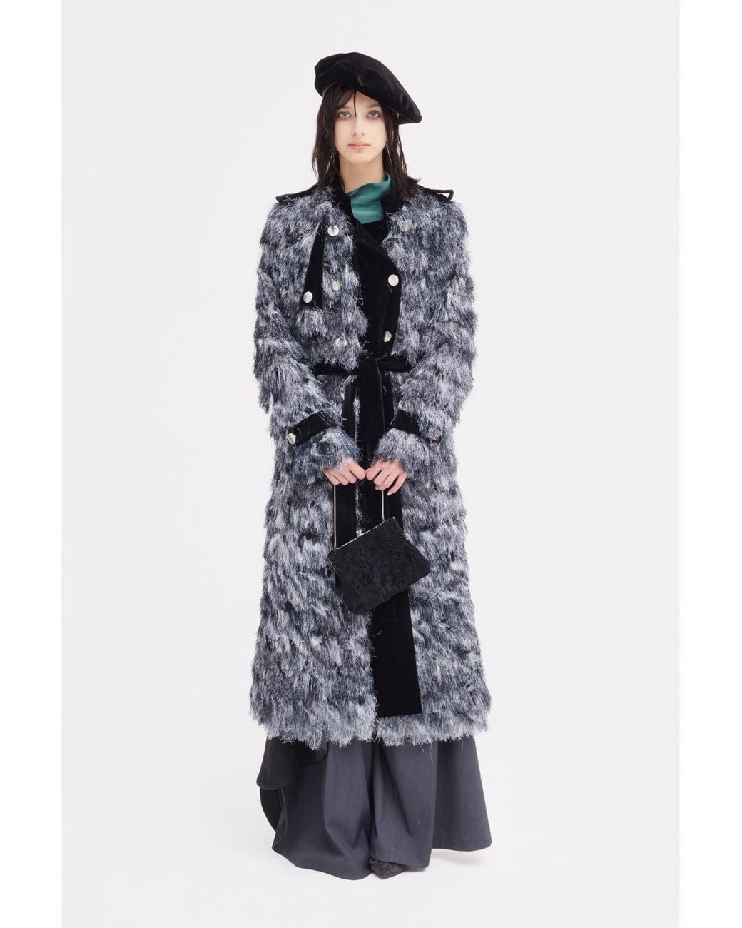 Julia Allert Black Textured Velvet-Detail Long Coat