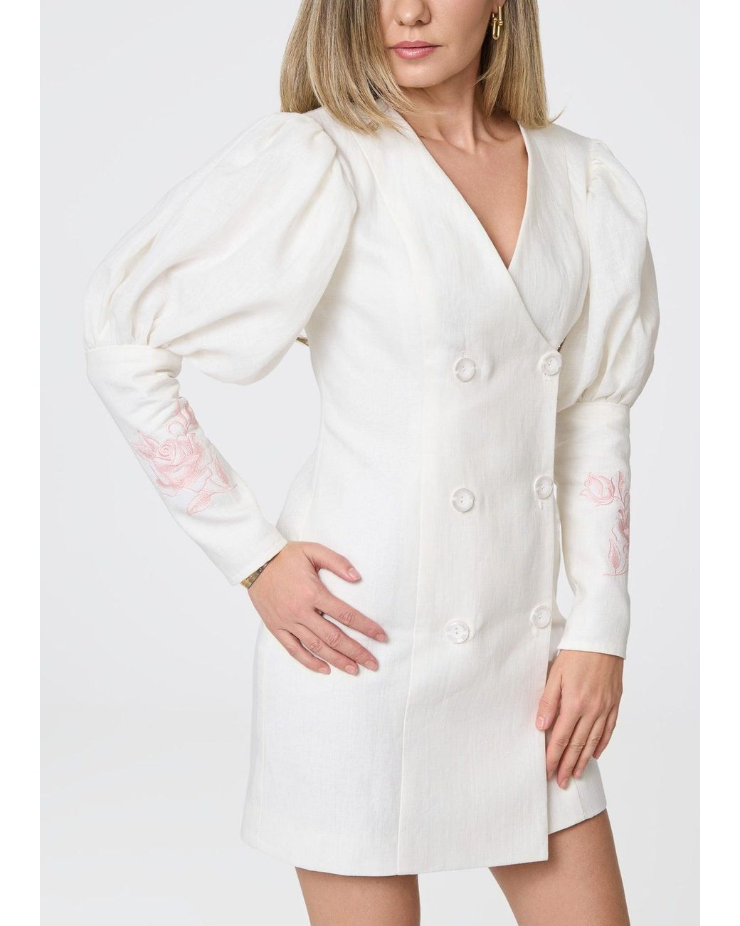 GIORGIA LUCASI White Ivory Linen Blazer Dress With Rose Embroidery