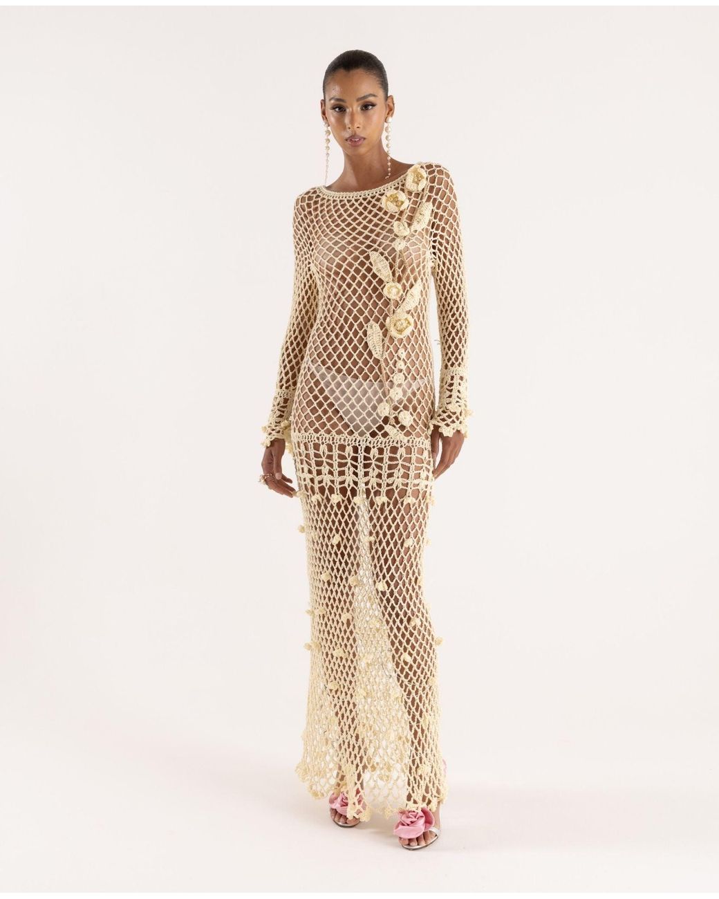 Andreeva White Long Sleeve Butter Vanilla Handmade Crochet Dress