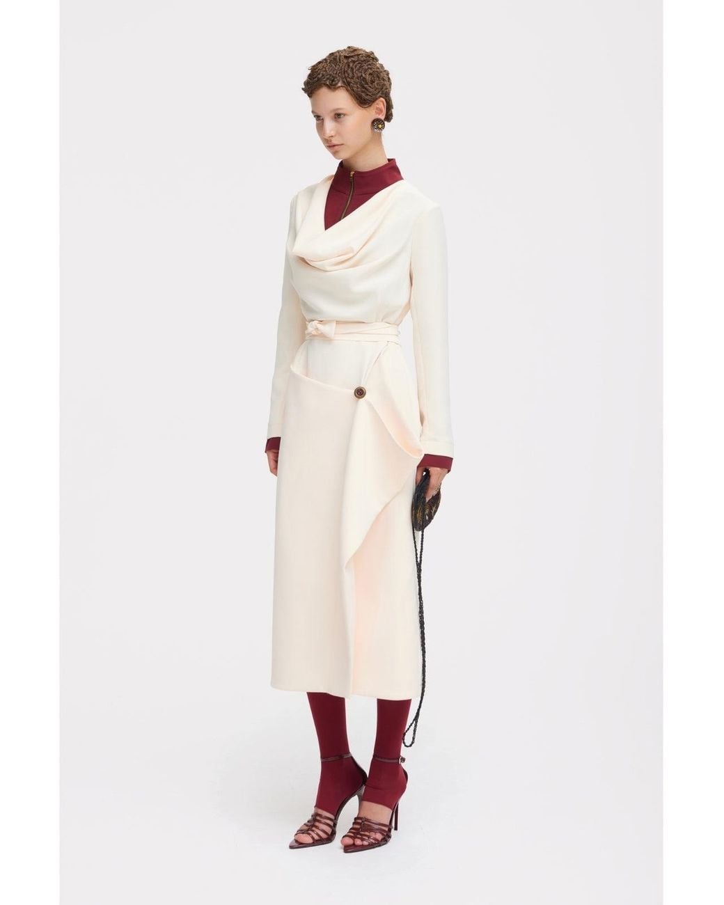 Julia Allert White Two-Tone Asymmetric Draped High-Neck Midi Dress