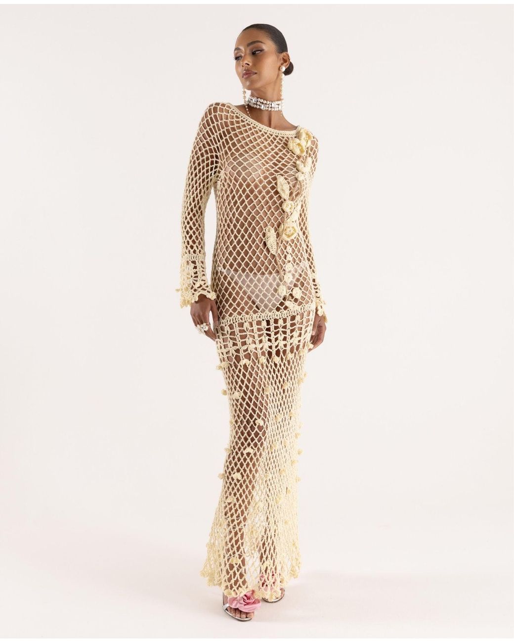 Andreeva White Long Sleeve Butter Vanilla Handmade Crochet Dress