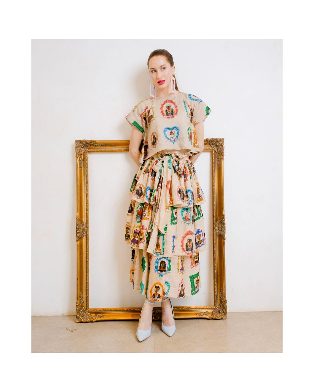 A.nty Story Green Layered Midi Skirt With Bow Tie Waist