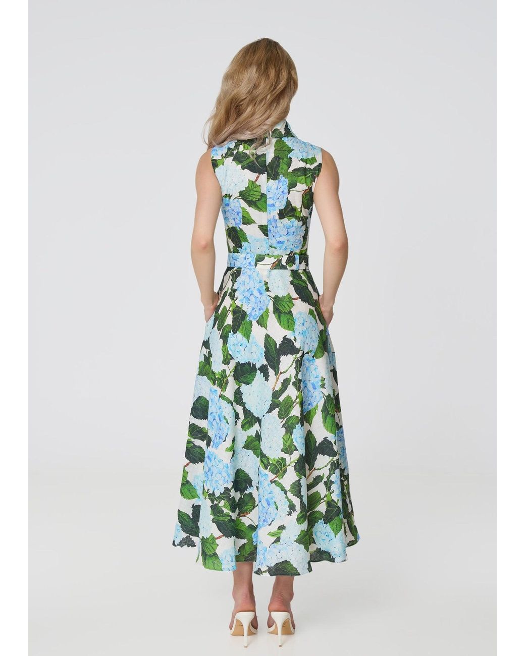 GIORGIA LUCASI Green Hydrangea Print Linen Midi Dress