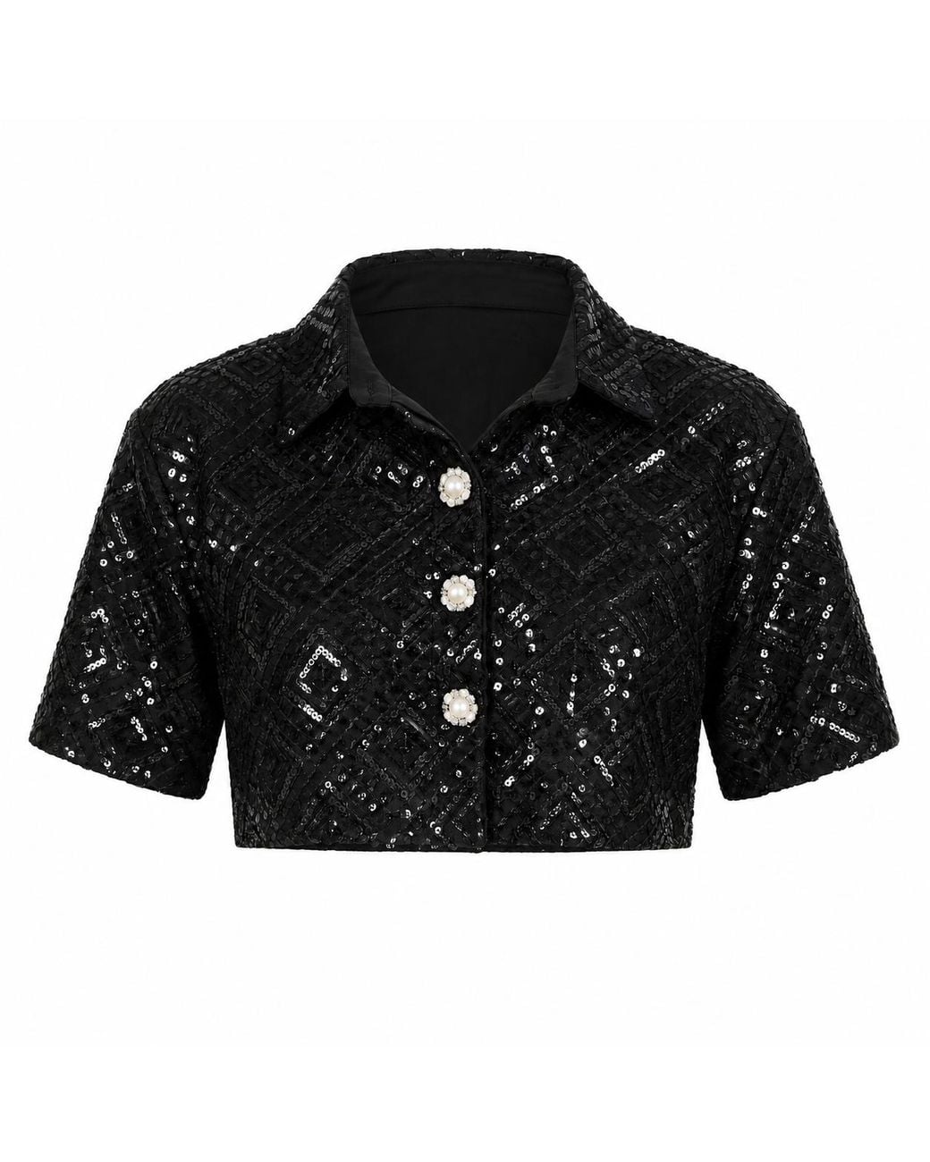 International Appeal Black Sequin Co-Ord Crop Shirt