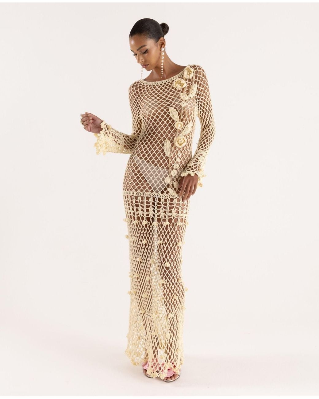 Andreeva White Long Sleeve Butter Vanilla Handmade Crochet Dress