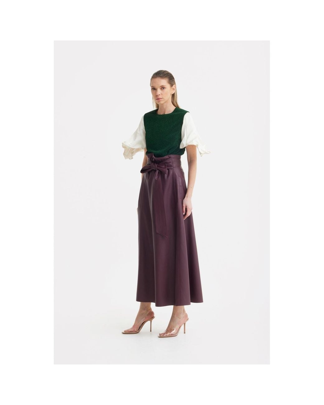Julia Allert Red Faux Leather High-Waisted A-Line Skirt With Belt Burgundy