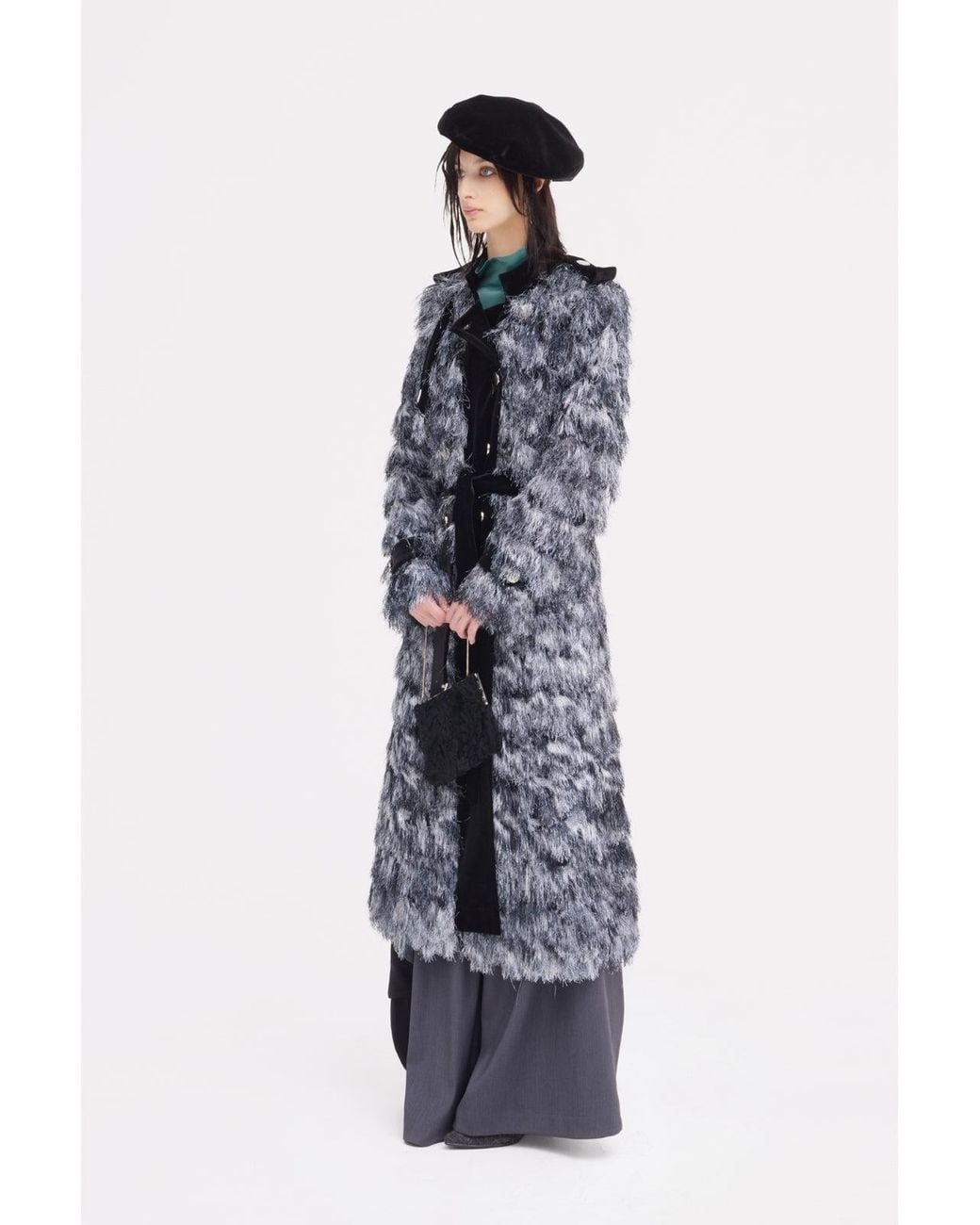 Julia Allert Black Textured Velvet-Detail Long Coat