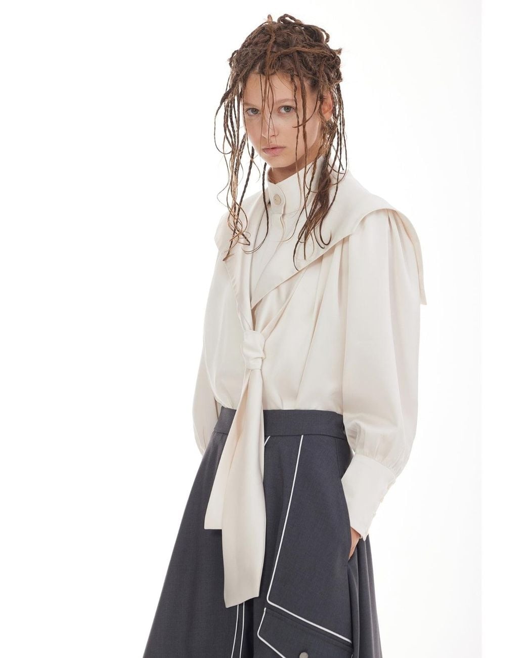 Julia Allert Natural Satin Sailor Collar Tie Front Blouse